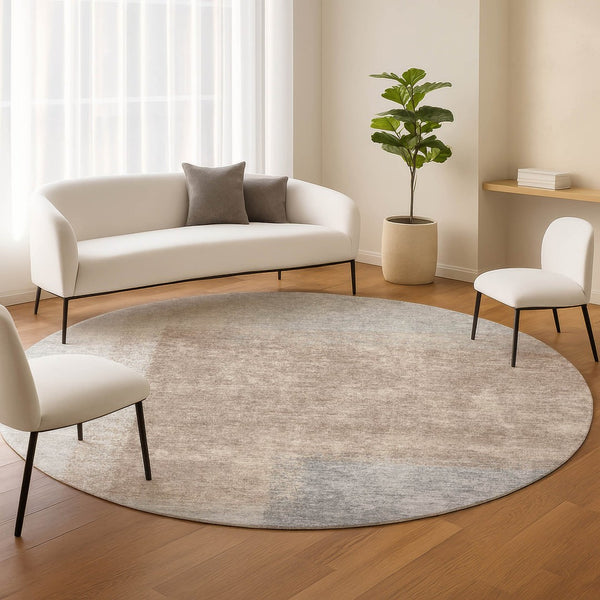 HomeRoots 8' Round Abstract Area Rug in Taupe, Ivory & Gray - Washable, Durable for Indoor & Outdoor Spaces 660507