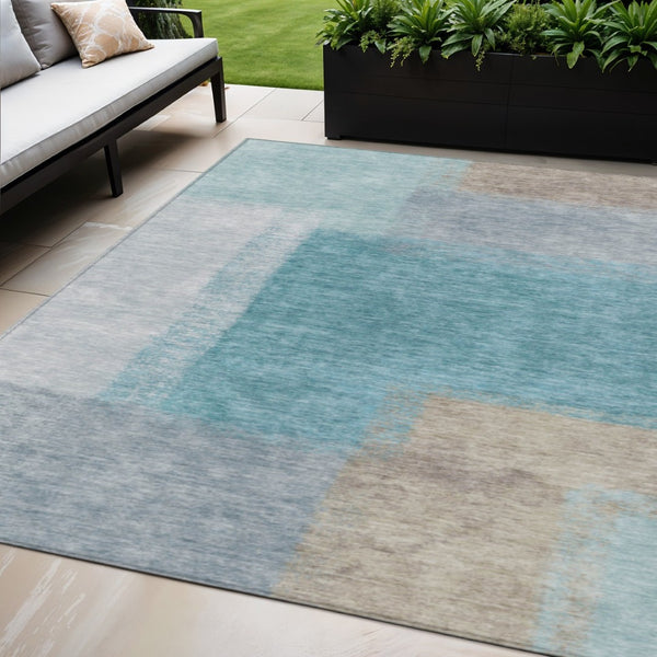 HomeRoots 5' X 8' Teal Blue Ivory Gray Abstract Washable Indoor Outdoor Rug - Stylish & Durable Design for All Spaces 660512
