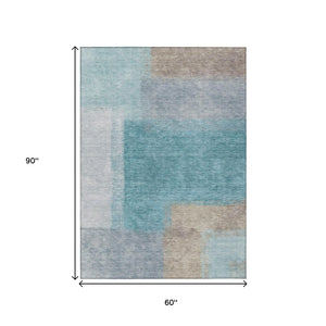 HomeRoots 5' X 8' Teal Blue Ivory Gray Abstract Washable Indoor Outdoor Rug - Stylish & Durable Design for All Spaces 660512
