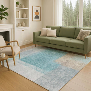 HomeRoots 5' X 8' Teal Blue Ivory Gray Abstract Washable Indoor Outdoor Rug - Stylish & Durable Design for All Spaces 660512