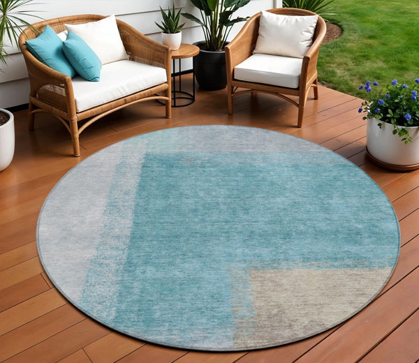 HomeRoots 8' Teal Blue Ivory Gray Round Abstract Washable Indoor Outdoor Rug - Durable, Stylish, Versatile! 660513