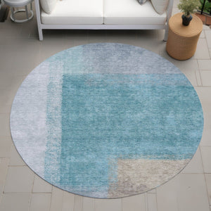 HomeRoots 8' Teal Blue Ivory Gray Round Abstract Washable Indoor Outdoor Rug - Durable, Stylish, Versatile! 660513