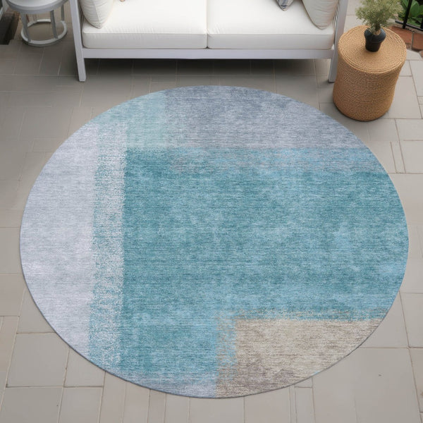 HomeRoots 8' Teal Blue Ivory Gray Round Abstract Washable Indoor Outdoor Rug - Durable, Stylish, Versatile! 660513