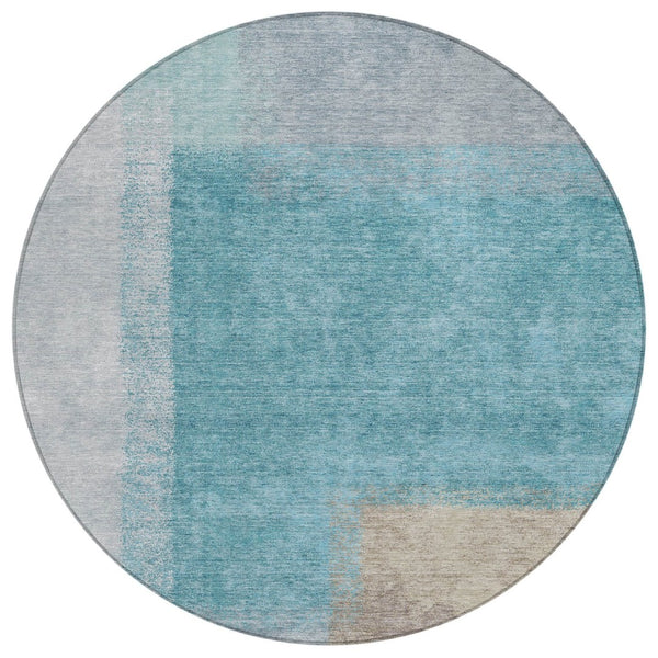 HomeRoots 8' Teal Blue Ivory Gray Round Abstract Washable Indoor Outdoor Rug - Durable, Stylish, Versatile! 660513