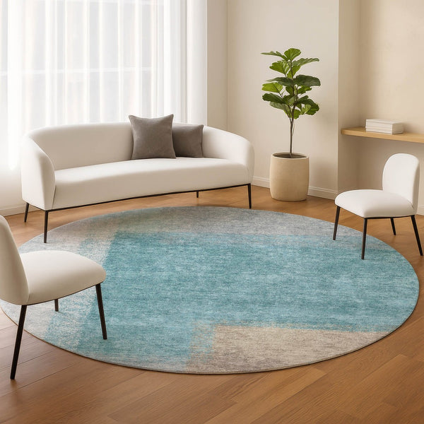 HomeRoots 8' Teal Blue Ivory Gray Round Abstract Washable Indoor Outdoor Rug - Durable, Stylish, Versatile! 660513