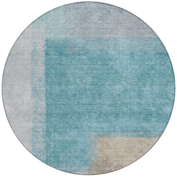 HomeRoots 8' Teal Blue Ivory Gray Round Abstract Washable Indoor Outdoor Rug - Durable, Stylish, Versatile! 660513