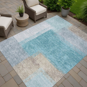 HomeRoots 8' X 10' Teal Blue Ivory Gray Abstract Washable Rug for Indoor & Outdoor High-Traffic Areas 660514