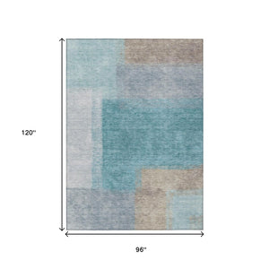 HomeRoots 8' X 10' Teal Blue Ivory Gray Abstract Washable Rug for Indoor & Outdoor High-Traffic Areas 660514