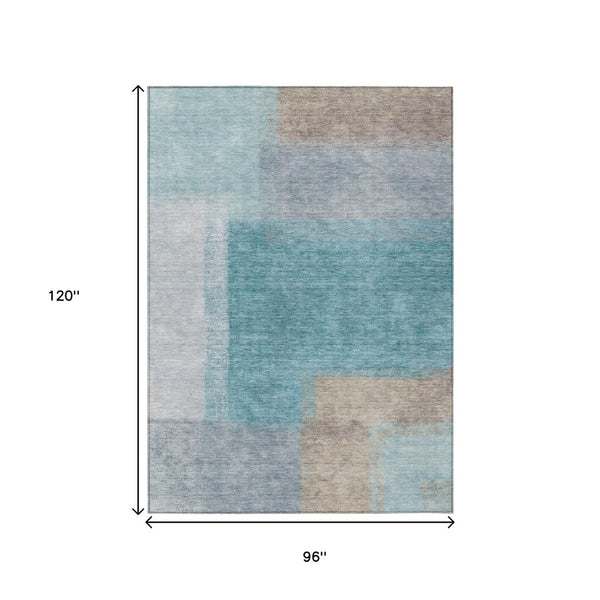 HomeRoots 8' X 10' Teal Blue Ivory Gray Abstract Washable Rug for Indoor & Outdoor High-Traffic Areas 660514