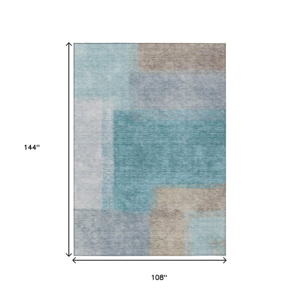HomeRoots 9' X 12' Teal Blue Ivory Gray Abstract Washable Rug - Durable, Stylish for Indoor & Outdoor Spaces! 660515