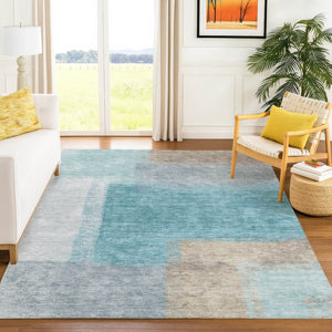 HomeRoots 9' X 12' Teal Blue Ivory Gray Abstract Washable Rug - Durable, Stylish for Indoor & Outdoor Spaces! 660515