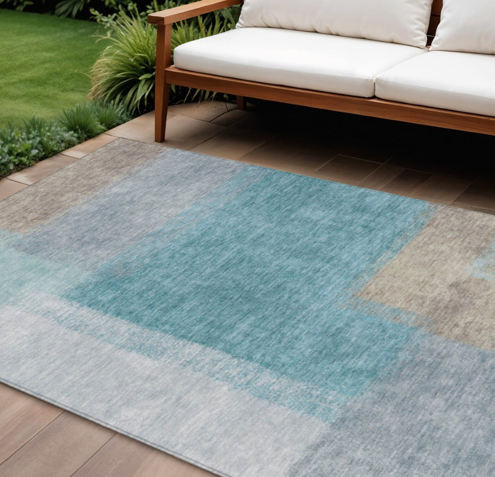 HomeRoots 10' Teal Blue Ivory Gray Abstract Washable Area Rug – Indoor Outdoor Comfort for High-Traffic Spaces 660516