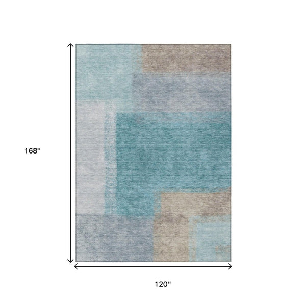 HomeRoots 10' Teal Blue Ivory Gray Abstract Washable Area Rug – Indoor Outdoor Comfort for High-Traffic Spaces 660516
