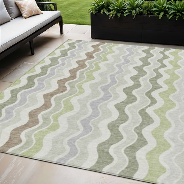 HomeRoots 5' Indoor Outdoor Area Rug in Artichoke Green, Ivory & Brown Stripes - Durable, Washable & Stylish! 660518