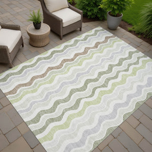 HomeRoots 8' X 10' Striped Washable Area Rug in Artichoke Green, Ivory, and Brown for Indoor & Outdoor Spaces 660520
