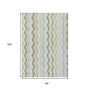 HomeRoots 8' X 10' Striped Washable Area Rug in Artichoke Green, Ivory, and Brown for Indoor & Outdoor Spaces 660520