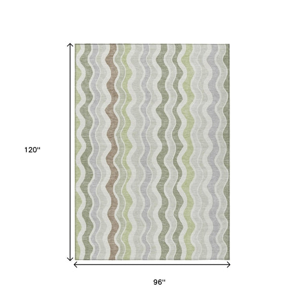 HomeRoots 8' X 10' Striped Washable Area Rug in Artichoke Green, Ivory, and Brown for Indoor & Outdoor Spaces 660520