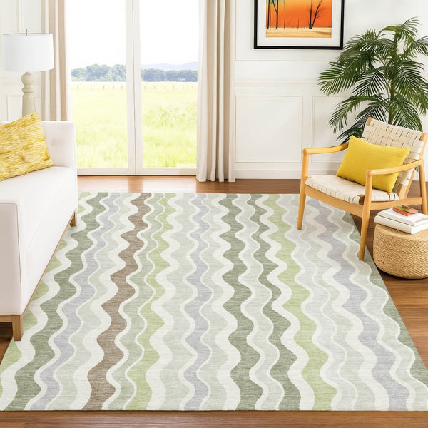 HomeRoots 8' X 10' Striped Washable Area Rug in Artichoke Green, Ivory, and Brown for Indoor & Outdoor Spaces 660520