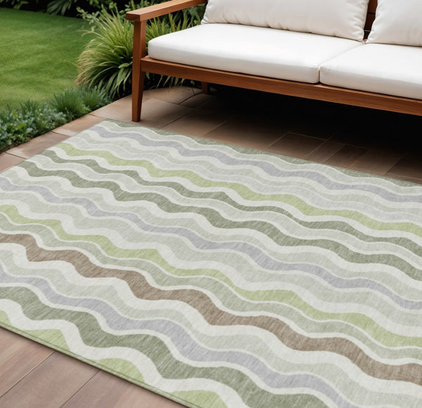 HomeRoots 9' Stylish Artichoke Green Striped Area Rug - Washable, Durable for Indoor & Outdoor Use, 9x12' 660521