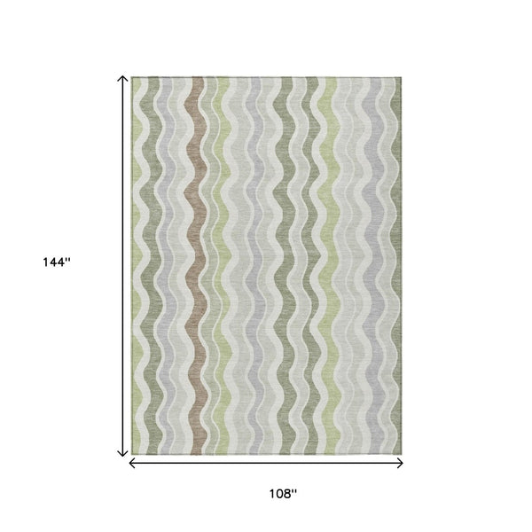 HomeRoots 9' Stylish Artichoke Green Striped Area Rug - Washable, Durable for Indoor & Outdoor Use, 9x12' 660521