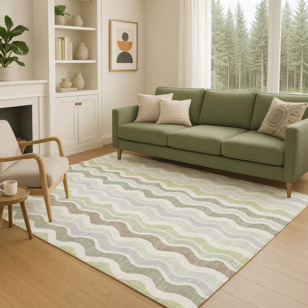 HomeRoots 10' Artichoke Green Striped Washable Area Rug - Durable Indoor & Outdoor Comfort for Any Space! 660522