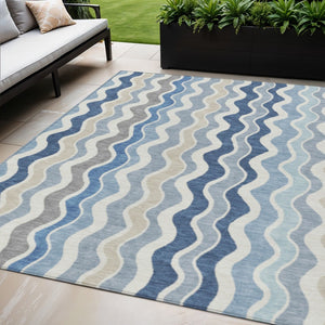 HomeRoots 5' X 8' Striped Washable Area Rug in Blue, Khaki & Ivory – Durable, Stylish for Indoor & Outdoor Use! 660524