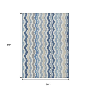 HomeRoots 5' X 8' Striped Washable Area Rug in Blue, Khaki & Ivory – Durable, Stylish for Indoor & Outdoor Use! 660524