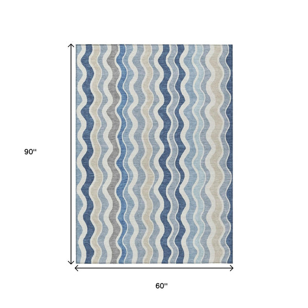 HomeRoots 5' X 8' Striped Washable Area Rug in Blue, Khaki & Ivory – Durable, Stylish for Indoor & Outdoor Use! 660524