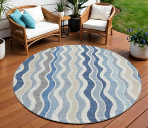 HomeRoots 8' Stylish Blue Khaki & Ivory Round Striped Area Rug - Washable, Durable for Indoor & Outdoor Use 660525