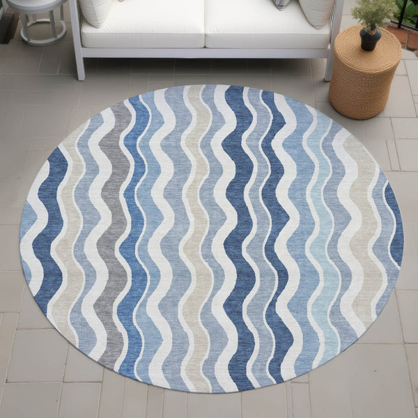 HomeRoots 8' Stylish Blue Khaki & Ivory Round Striped Area Rug - Washable, Durable for Indoor & Outdoor Use 660525