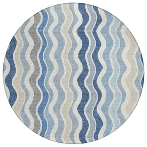 HomeRoots 8' Stylish Blue Khaki & Ivory Round Striped Area Rug - Washable, Durable for Indoor & Outdoor Use 660525