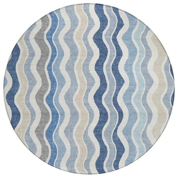 HomeRoots 8' Stylish Blue Khaki & Ivory Round Striped Area Rug - Washable, Durable for Indoor & Outdoor Use 660525