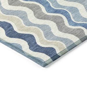 HomeRoots 8' Stylish Blue Khaki & Ivory Round Striped Area Rug - Washable, Durable for Indoor & Outdoor Use 660525
