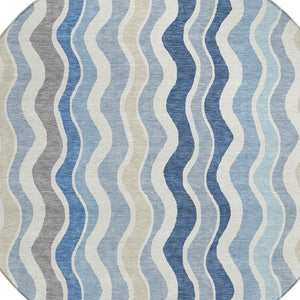 HomeRoots 8' Stylish Blue Khaki & Ivory Round Striped Area Rug - Washable, Durable for Indoor & Outdoor Use 660525