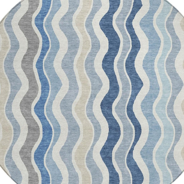 HomeRoots 8' Stylish Blue Khaki & Ivory Round Striped Area Rug - Washable, Durable for Indoor & Outdoor Use 660525