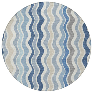 HomeRoots 8' Stylish Blue Khaki & Ivory Round Striped Area Rug - Washable, Durable for Indoor & Outdoor Use 660525