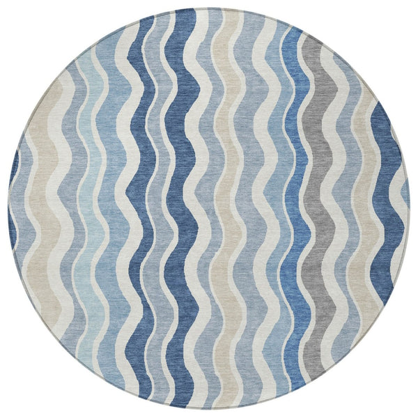 HomeRoots 8' Stylish Blue Khaki & Ivory Round Striped Area Rug - Washable, Durable for Indoor & Outdoor Use 660525