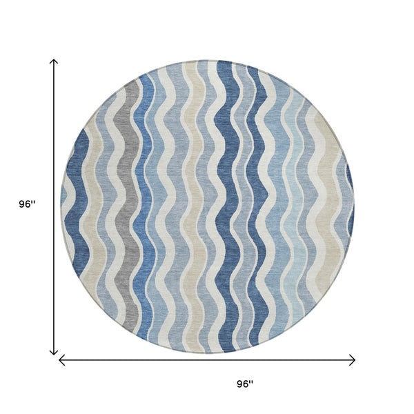 HomeRoots 8' Stylish Blue Khaki & Ivory Round Striped Area Rug - Washable, Durable for Indoor & Outdoor Use 660525