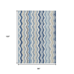 HomeRoots 8' X 10' Striped Area Rug in Blue, Khaki, and Ivory - Durable, Washable Design for Indoor & Outdoor Use 660526