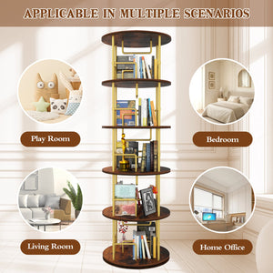 English Elm 5 Tier Rotating Bookshelf Tower with 360° Spin, Space-Saving Corner Display, Modern MDF Storage Unit Golden W3204P354235