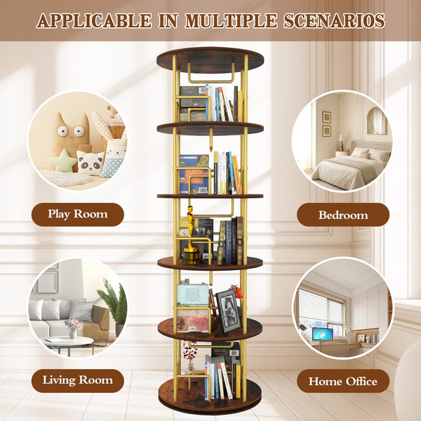 English Elm 5 Tier Rotating Bookshelf Tower with 360° Spin, Space-Saving Corner Display, Modern MDF Storage Unit Golden W3204P354235