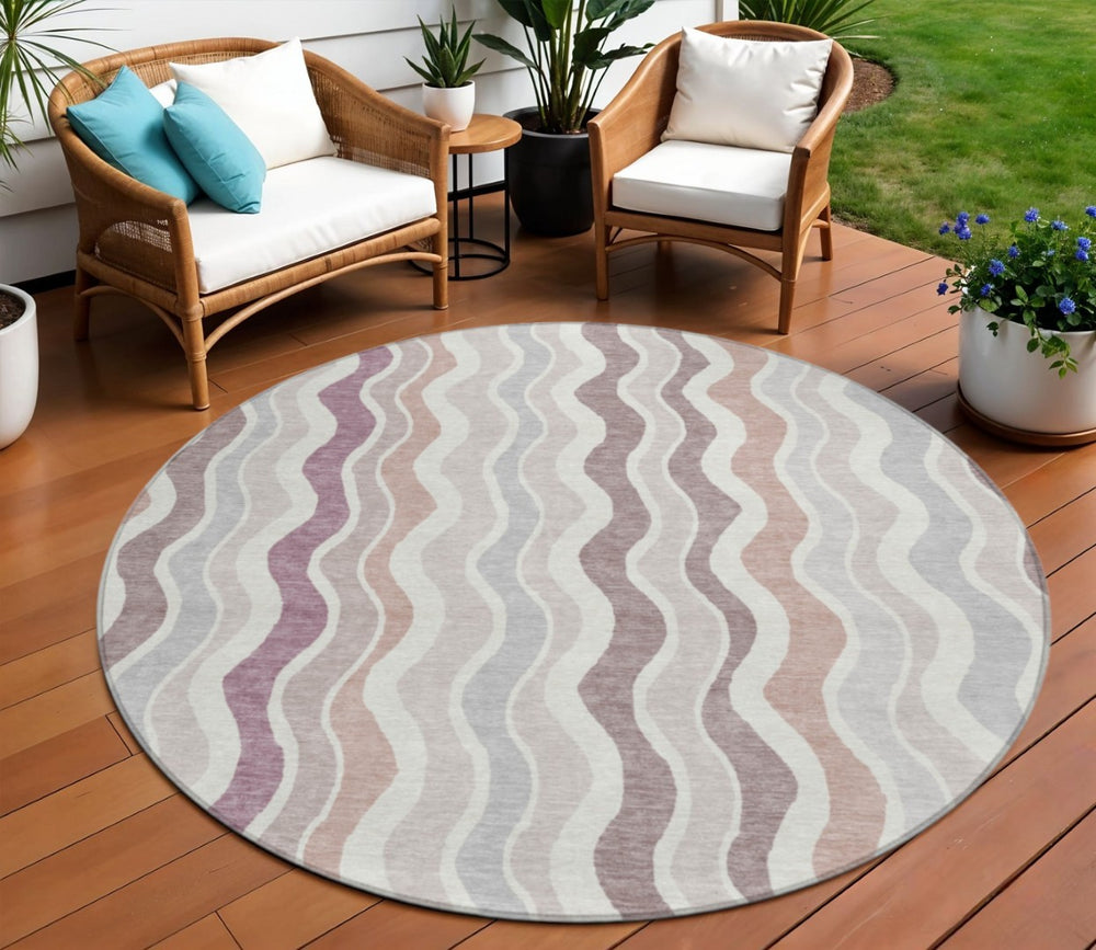 HomeRoots 8' Blush Ivory and Taupe Round Striped Rug - Durable, Washable, Stylish for Indoor & Outdoor Spaces 660531