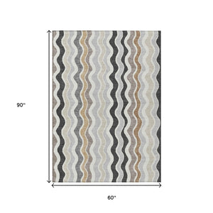 HomeRoots 5' Charcoal Ivory Gray Striped Washable Area Rug - Durable Indoor Outdoor Style for Every Space 660536