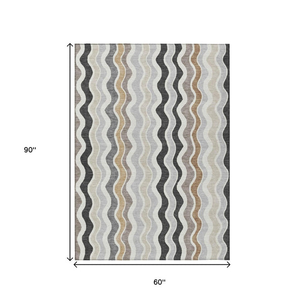 HomeRoots 5' Charcoal Ivory Gray Striped Washable Area Rug - Durable Indoor Outdoor Style for Every Space 660536