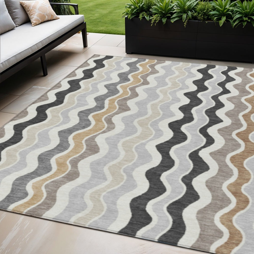 HomeRoots 5' Charcoal Ivory Gray Striped Washable Area Rug - Durable Indoor Outdoor Style for Every Space 660536