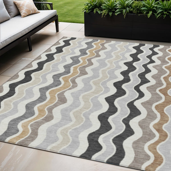 HomeRoots 5' Charcoal Ivory Gray Striped Washable Area Rug - Durable Indoor Outdoor Style for Every Space 660536