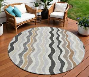 HomeRoots 8' Round Washable Area Rug in Charcoal, Ivory & Gray - Modern Striped Design for Indoor/Outdoor Use 660537
