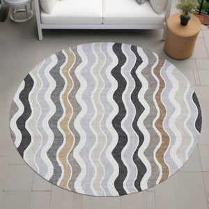 HomeRoots 8' Round Washable Area Rug in Charcoal, Ivory & Gray - Modern Striped Design for Indoor/Outdoor Use 660537
