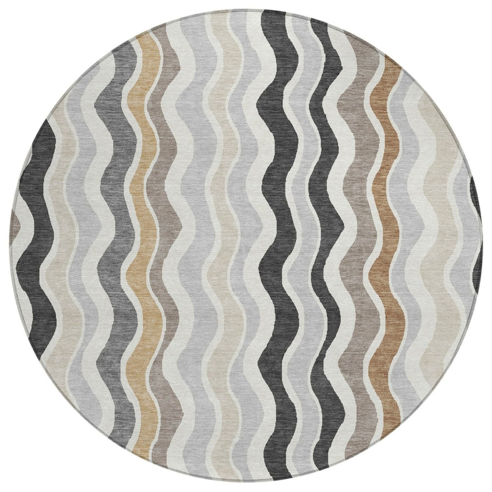 HomeRoots 8' Round Washable Area Rug in Charcoal, Ivory & Gray - Modern Striped Design for Indoor/Outdoor Use 660537