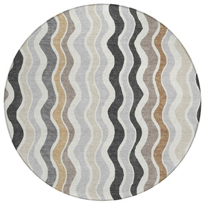HomeRoots 8' Round Washable Area Rug in Charcoal, Ivory & Gray - Modern Striped Design for Indoor/Outdoor Use 660537